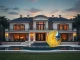 A luxury property with a Bitcoin real estate transaction overlay, symbolizing the new era of crypto-enabled asset purchases.