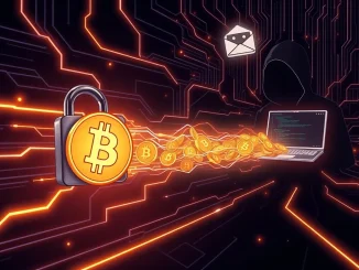 Illustration showing a Bitcoin scam, with digital currency being siphoned from a hardware wallet, highlighting social engineering risks.