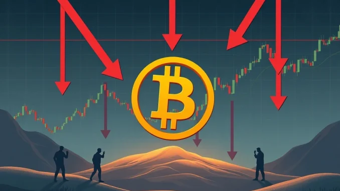 A digital chart showing Bitcoin selling pressure with downward arrows and figures representing short-term holders. Illustrates market dynamics.