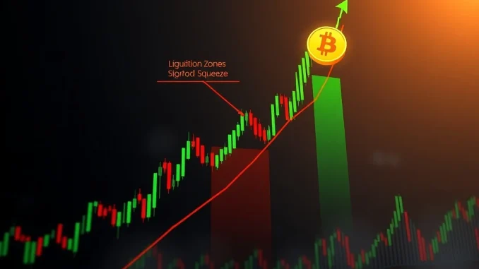 Bitcoin short squeeze scenario with price surge and liquidation zones highlighted
