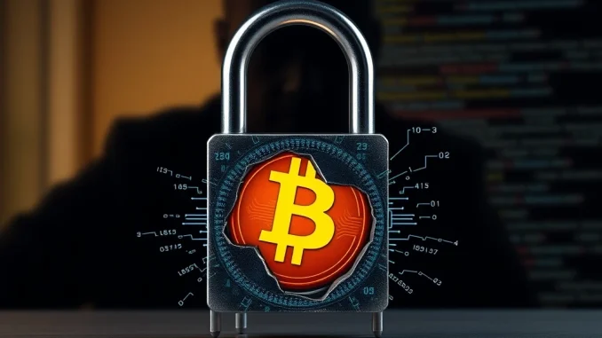 Depicts a digital padlock with a Bitcoin symbol compromised, illustrating a significant Bitcoin theft due to a social engineering scam.