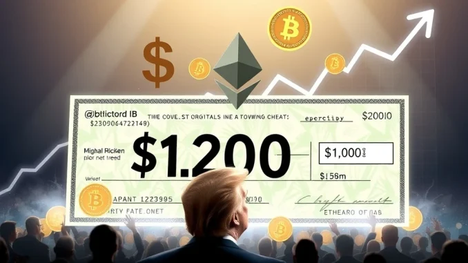 Bitcoin News: Trump's Potential Stimulus Checks Could Ignite a Massive Crypto Market Rally Bitcoin news: A $1,200 stimulus check transforming into crypto symbols, illustrating potential for a market rally.