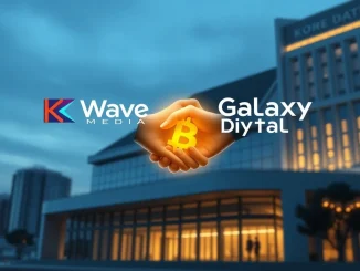 K Wave Media and Galaxy Digital logos symbolizing their new partnership for a robust Bitcoin Strategy, highlighting institutional growth.
