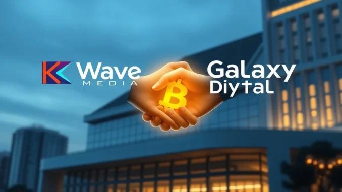 K Wave Media and Galaxy Digital logos symbolizing their new partnership for a robust Bitcoin Strategy, highlighting institutional growth.