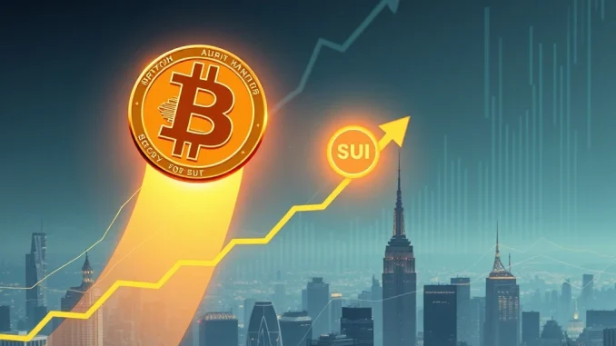A visual representation of the Bitcoin surge and SUI token's rapid growth, reflecting the positive crypto market rebound.