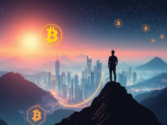 A person overlooks a futuristic cityscape with Bitcoin and SUI crypto symbols, representing the potential for financial freedom through blockchain investing.