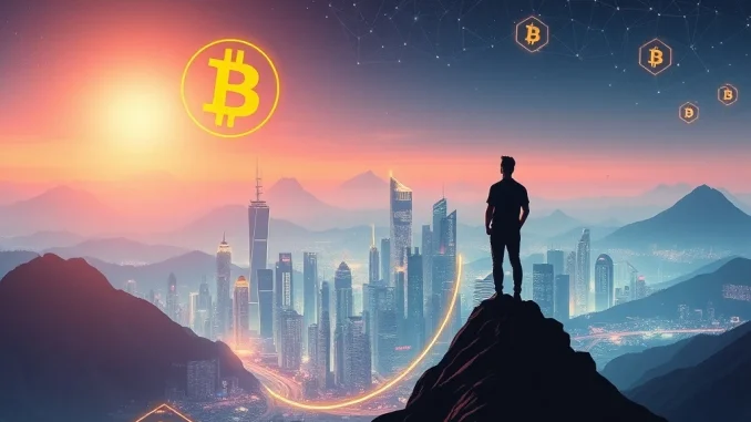 Bitcoin's Explosive Breakthrough: Is SUI Crypto Your Path to Retirement? A person overlooks a futuristic cityscape with Bitcoin and SUI crypto symbols, representing the potential for financial freedom through blockchain investing.