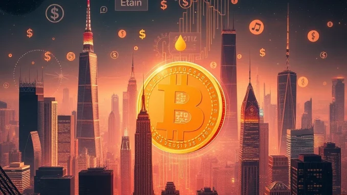 Bitcoin and traditional finance merging in a futuristic landscape