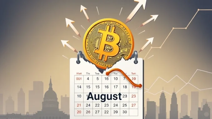 A chart showing an unprecedented Bitcoin surge in July and Q2 2025, defying historical August decline trends, driven by strong institutional adoption.