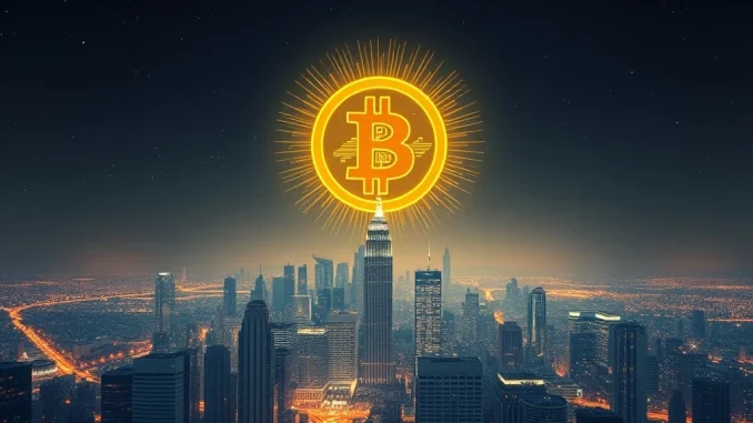 Bitcoin symbol glowing over a city skyline, representing its historic price surge and institutional adoption.