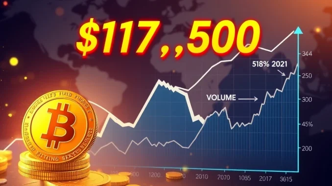 Bitcoin price surges past $117,500 with a 35% trading volume spike.