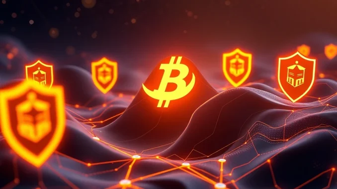 Bitcoin Swift logo with blockchain nodes and regulatory shields symbolizing secure DeFi
