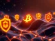 Bitcoin Swift logo with blockchain nodes and regulatory shields symbolizing secure DeFi