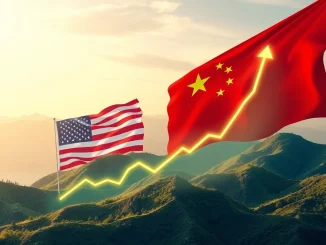 A Bitcoin chart showing a significant surge, with a backdrop of the US and Chinese flags, representing the impact of extended US-China tariff talks on the crypto market.