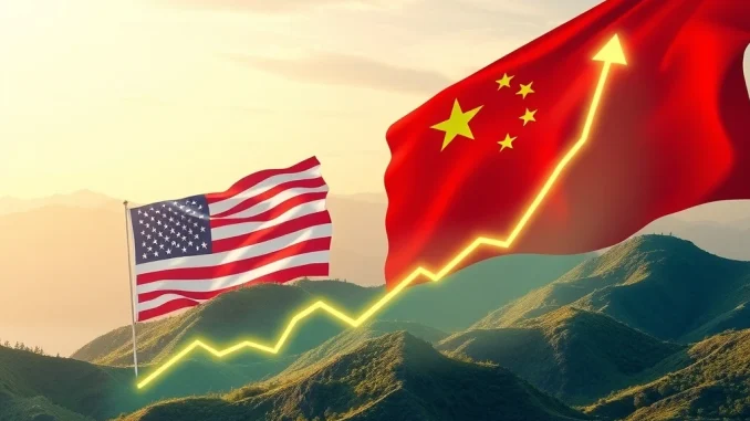 A Bitcoin chart showing a significant surge, with a backdrop of the US and Chinese flags, representing the impact of extended US-China tariff talks on the crypto market.