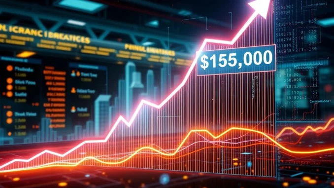 A visual representation of Bitcoin's price trajectory soaring towards a $155,000 mark, illustrating TD Cowen's optimistic BTC target and potential for significant crypto investment growth.