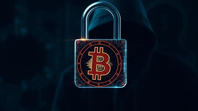 An image depicting a digital lock with a Bitcoin symbol, emphasizing the critical need for Bitcoin theft prevention against sophisticated crypto scams.