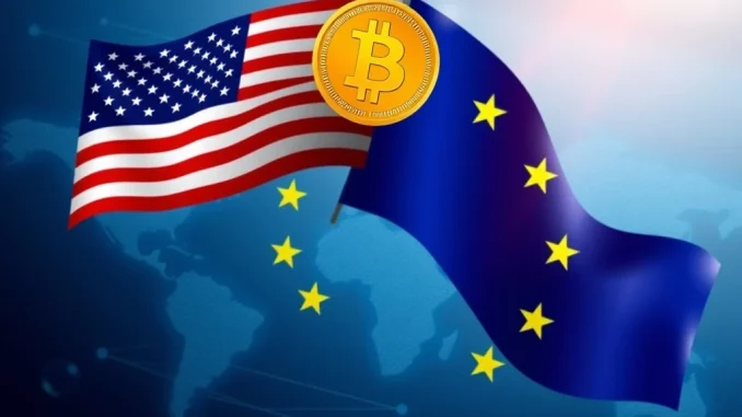 Unleashing Prosperity: How the US-EU $1.35 Trillion Trade Deal Transforms Bitcoin Outlook US and EU flags symbolize a major trade deal, boosting the Bitcoin outlook and global market stability.