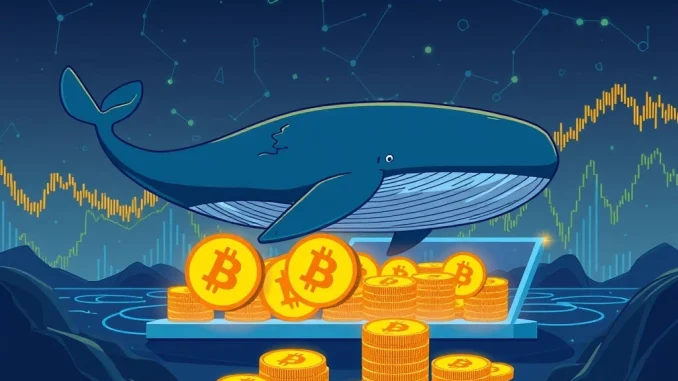 An illustration of a large digital whale moving a significant Bitcoin transfer into a crypto exchange, symbolizing a major market event.