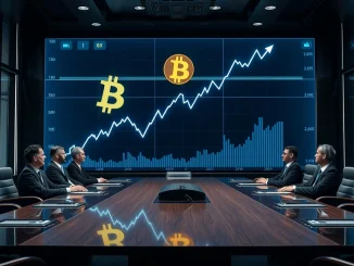 A corporate executive reviewing a digital chart showing a Bitcoin price surge, representing strategic Bitcoin treasury expansion.