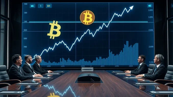 A corporate executive reviewing a digital chart showing a Bitcoin price surge, representing strategic Bitcoin treasury expansion.