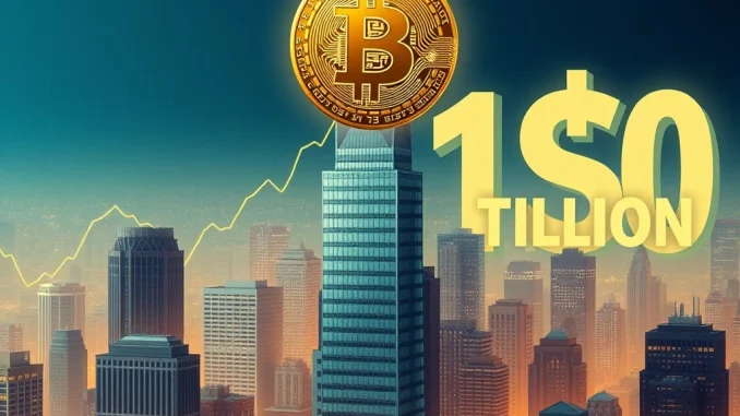 A visual representation of Bitcoin's market cap surpassing $1 trillion, highlighting its impressive growth driven by institutional Bitcoin investment.