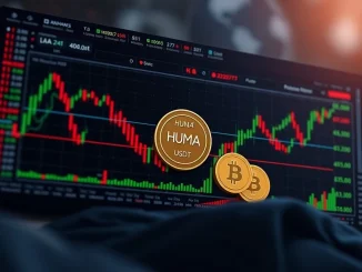 A crypto exchange screen displaying Huma Finance (HUMA) paired with Bitcoin (BTC) and USDT, signifying Upbit's pivotal listing and its impact on DeFi visibility.
