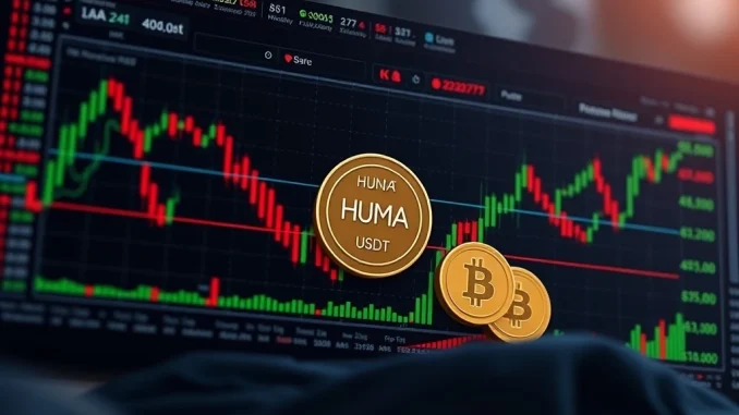Bitcoin News: Upbit's Pivotal HUMA Listings Propel DeFi Visibility A crypto exchange screen displaying Huma Finance (HUMA) paired with Bitcoin (BTC) and USDT, signifying Upbit's pivotal listing and its impact on DeFi visibility.