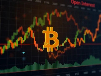 A Bitcoin price chart with tight Bollinger Bands, signaling an impending volatility breakout fueled by rising derivatives open interest.