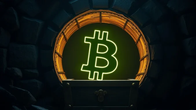 A digital representation of a long-dormant Bitcoin wallet opening, symbolizing a massive BTC transfer and monumental growth.