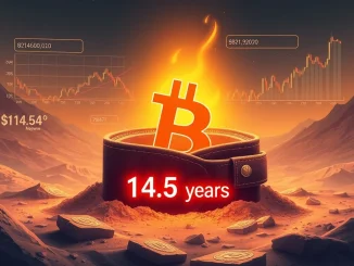 A digital representation of a dormant Bitcoin wallet coming to life, symbolizing the immense 39,450,523% gain from a long-term Bitcoin investment.