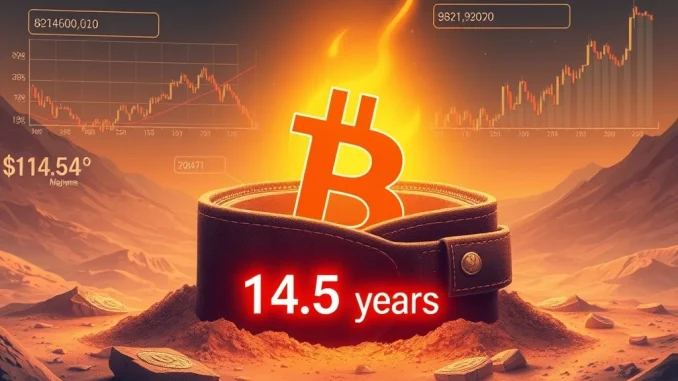 A digital representation of a dormant Bitcoin wallet coming to life, symbolizing the immense 39,450,523% gain from a long-term Bitcoin investment.