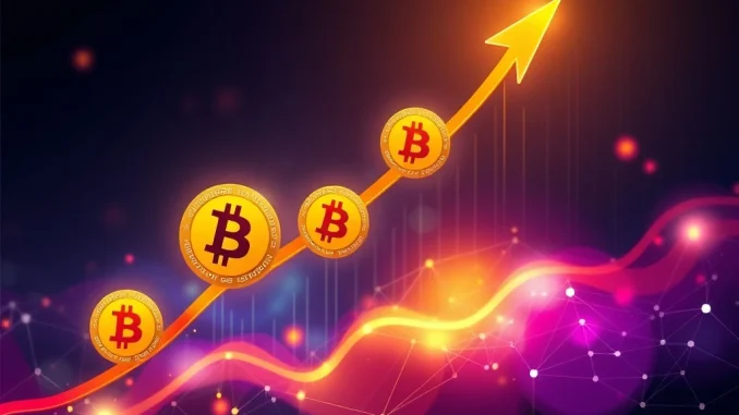 An illustration depicting a surge in Bitcoin wallets showing profit, symbolizing the record-breaking number of holders in the black.