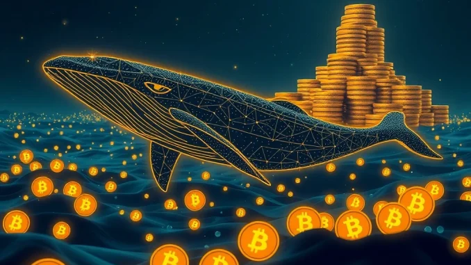 A Bitcoin whale accumulates a massive amount of BTC, symbolizing significant investment and market influence in the crypto market.