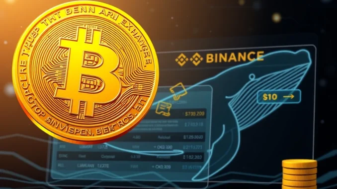 An illustration of a giant Bitcoin whale transferring a large BTC deposit to Binance, symbolizing significant market movement.