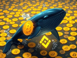 An illustration of a large Bitcoin whale making a significant BTC transfer to the Binance exchange, symbolizing major crypto profits and market activity.