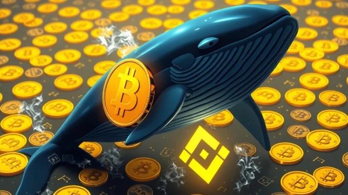 An illustration of a large Bitcoin whale making a significant BTC transfer to the Binance exchange, symbolizing major crypto profits and market activity.