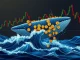 An abstract depiction of a large Bitcoin whale moving a massive BTC transfer across a blockchain network, symbolizing significant crypto market activity.
