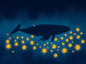 A digital whale, representing a Bitcoin whale, acquiring a large sum of BTC, symbolizing significant cryptocurrency investment.