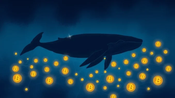 A digital whale, representing a Bitcoin whale, acquiring a large sum of BTC, symbolizing significant cryptocurrency investment.