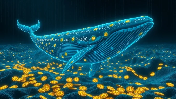 Bitcoin Whale Unleashes $200M After Epic 8-Year Hold A digital whale made of bitcoins, symbolizing a Bitcoin whale's massive $200M long-term holding.