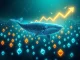 A digital whale representing a **Bitcoin whale** swims through a sea of Ethereum logos, symbolizing massive ETH accumulation and staking, indicating a significant market move.