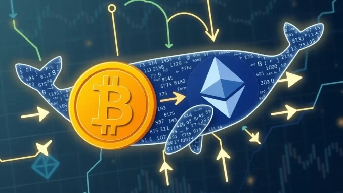 An illustration symbolizing a Bitcoin whale's strategic move from BTC to ETH, representing significant crypto market trends.