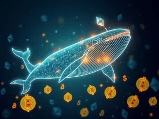 A digital whale swimming through Ethereum and Bitcoin symbols, representing a Bitcoin whale's massive Ethereum profit from closing an ETH long position.
