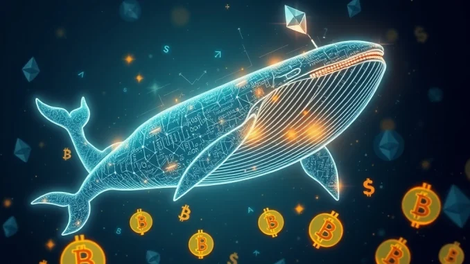 A digital whale swimming through Ethereum and Bitcoin symbols, representing a Bitcoin whale's massive Ethereum profit from closing an ETH long position.