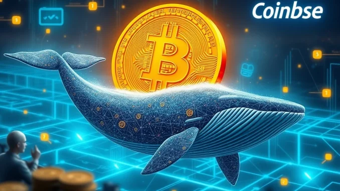 Depicts a **Bitcoin whale movement**, illustrating a large **BTC transfer** from Coinbase to an unknown wallet, highlighting market impact.