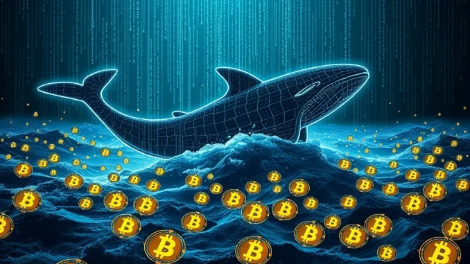 A digital whale silhouette overseeing a massive Bitcoin (BTC) transfer on a blockchain network, symbolizing significant crypto market movements.