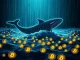 A digital whale silhouette overseeing a massive Bitcoin (BTC) transfer on a blockchain network, symbolizing significant crypto market movements.