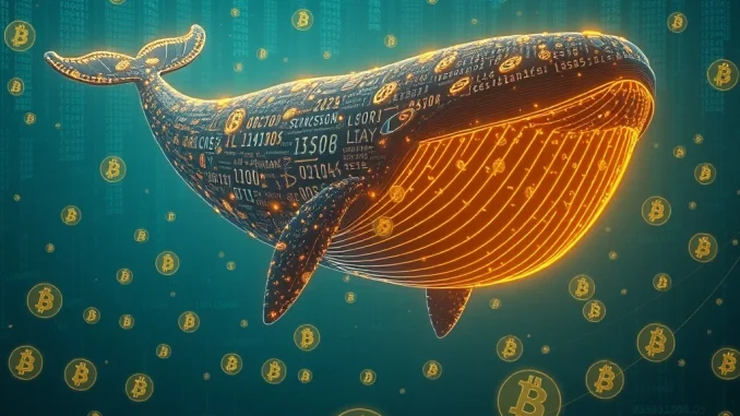 A digital whale transferring a large sum of Bitcoin, symbolizing a significant BTC transfer by a dormant Bitcoin whale.