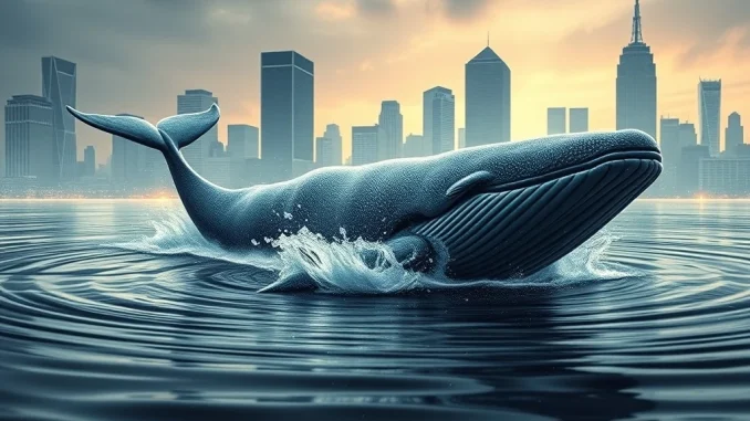 A digital whale crashing into a crypto chart, symbolizing the impact of a large Bitcoin whale sale on market stability and institutional adoption.
